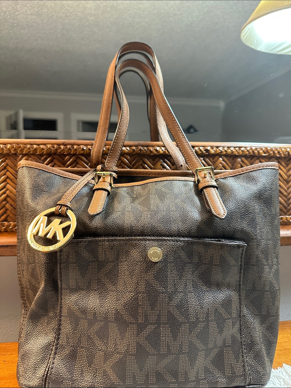 Michael Kors Dark Brown MK Logo Tote with Gold-tone Charm